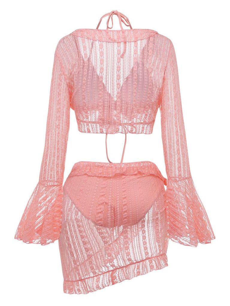 Back view of the 3-piece pink lace bikini set on a clean white background.