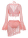 Back view of the 3-piece pink lace bikini set on a clean white background.