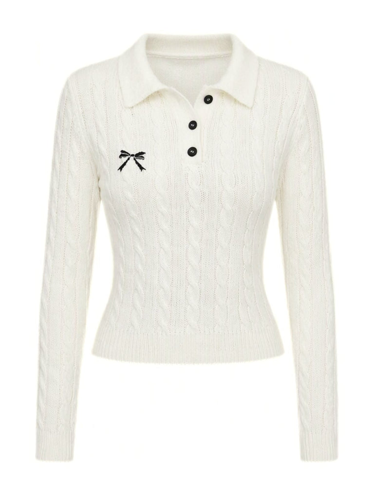 Pull Polo Blanc en Maille Torsadée à Nœuds Brodés Années 1950 - 1