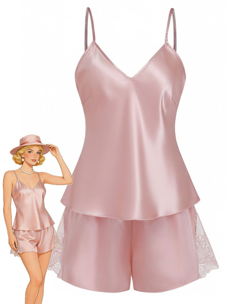 Ensemble pyjama patchwork en satin et dentelle unie des années 1960
