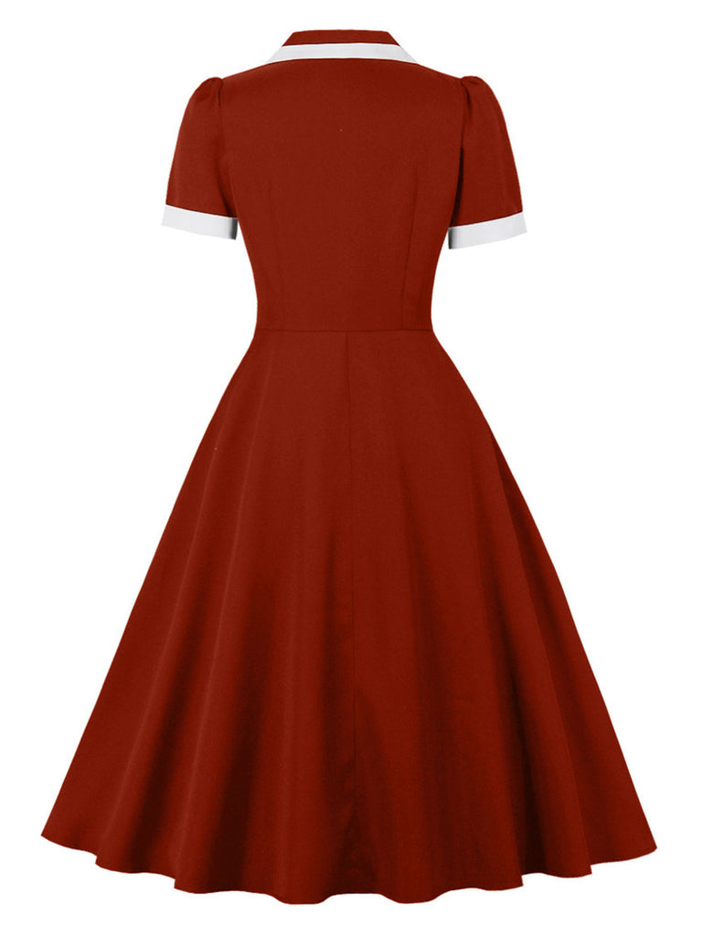 Robe à Col V Fendu, Passepoil Contrasté et Poches Années 1950 - 2