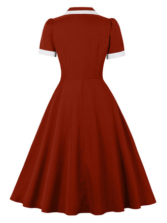 Robe à Col V Fendu, Passepoil Contrasté et Poches Années 1950 - 2