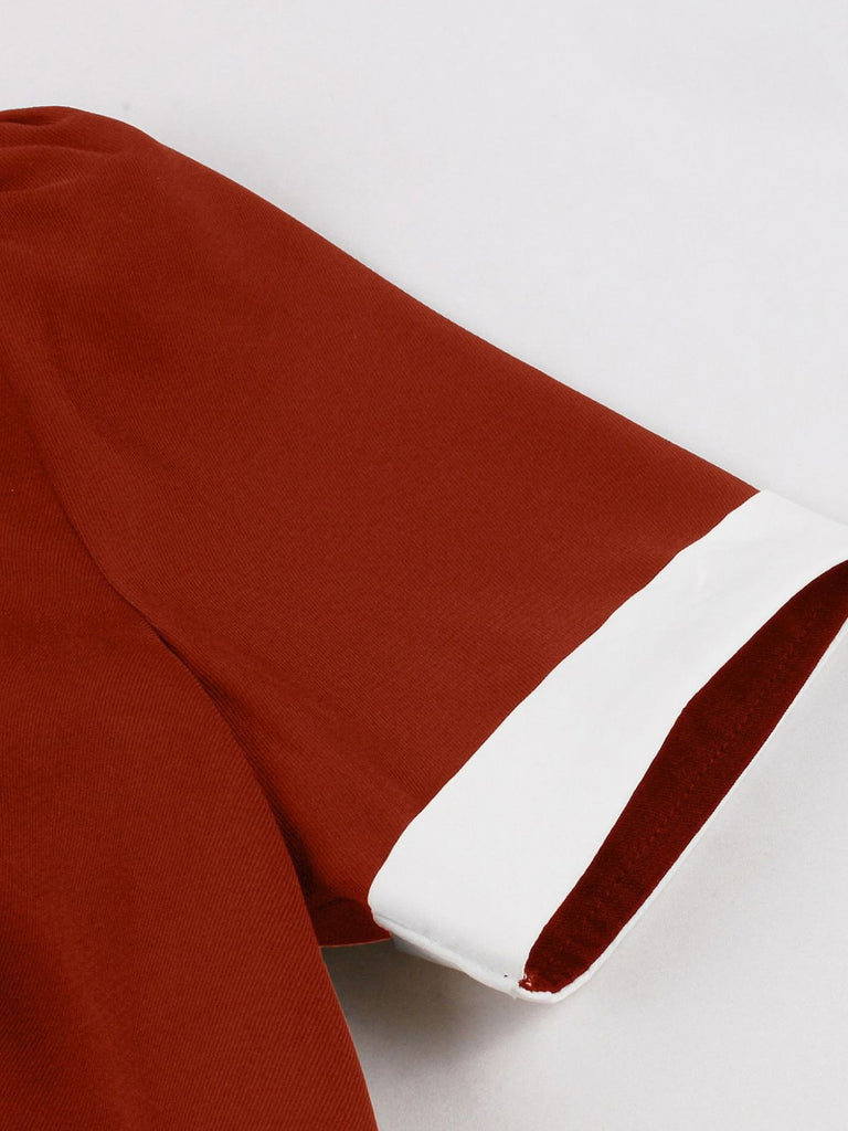 Robe à Col V Fendu, Passepoil Contrasté et Poches Années 1950 - 4