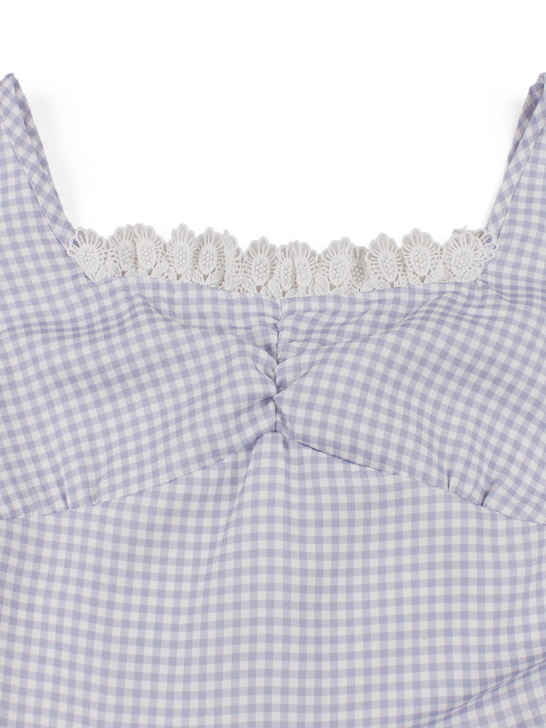 Robe ajustée lavande à carreaux vichy, bordure en dentelle et poches Années 1950 - 5