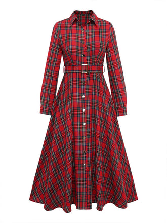 Robe chemise rouge à carreaux et ceinture Années 1950 - 1