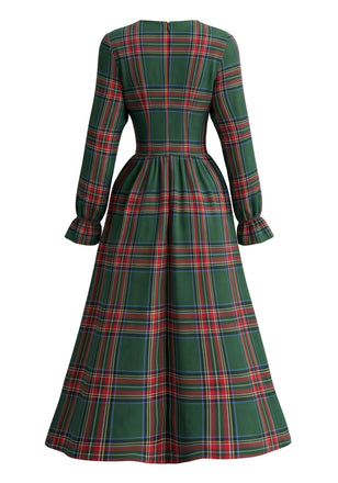 Robe de Noël à Carreaux, Col à Volants et Manches Longues Années 1950 - 4