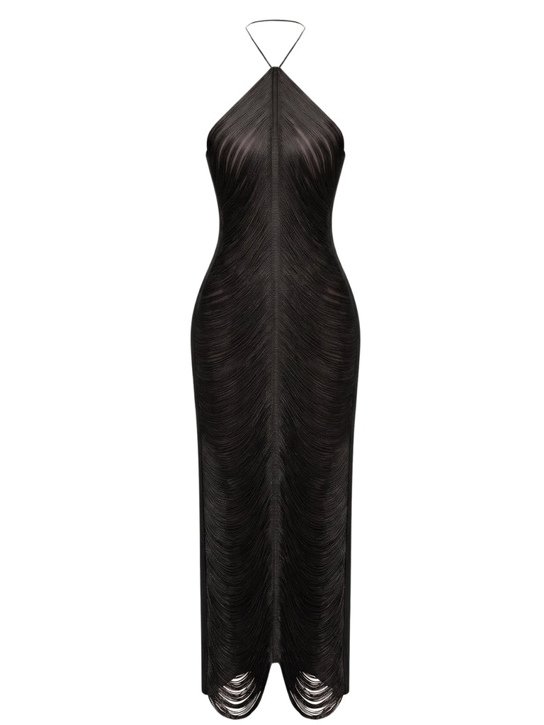 Robe de soirée longue dorée à franges, col dos-nu et fente au dos Années 1930 - 10