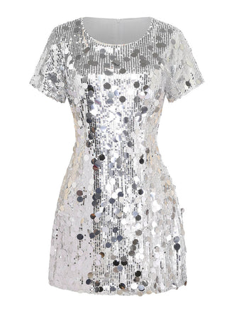 Robe disco scintillante à sequins et col rond Années 1960 - 1