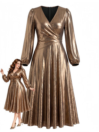 [Grande Taille] Robe Dorée Métallisée à Col V et Manches Lanternes Années 1970 - 1