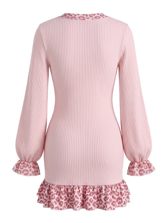 Robe en maille côtelée à bordure léopard et manches lanternes Années 1960 - 2