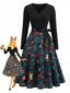 Robe Évasée Multicolore à Imprimé de Noël et Encolure Festonnée Années 1950