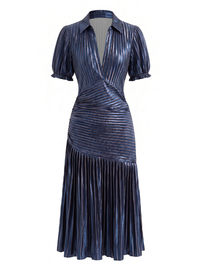 Robe Métallisée Plissée à Col V Profond et Manches Courtes Années 1970 - 4