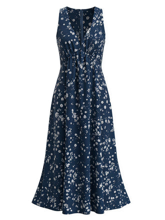 Robe midi bleu marine bohème à fleurs et col dos-nu Années 1970 - 1