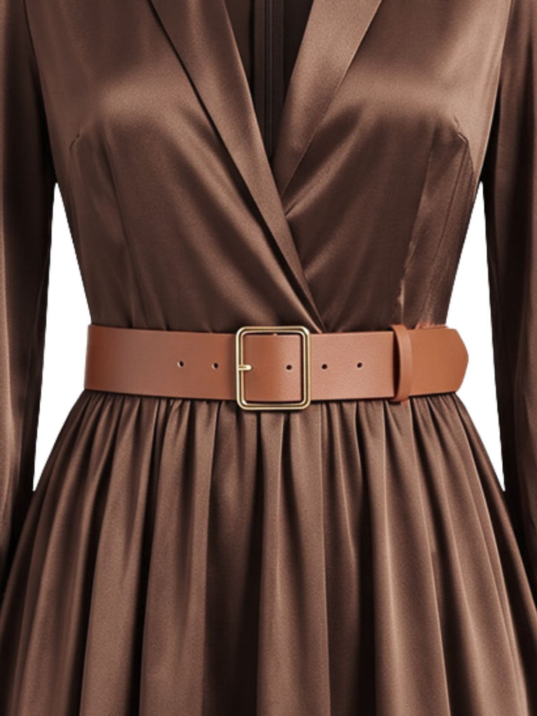 Robe midi en satin à col revers, manches bouffantes et ceinture Années 1940 - 3