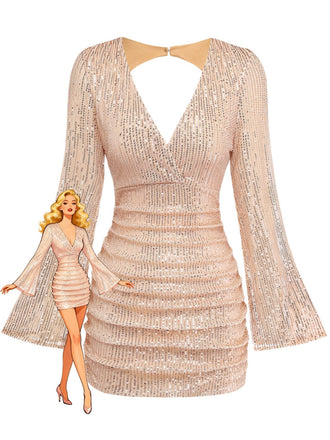 Robe moulante à sequins, col V, dos nu et fronces Années 1960 - 1