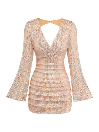 Robe moulante à sequins, col V, dos nu et fronces Années 1960 - 2