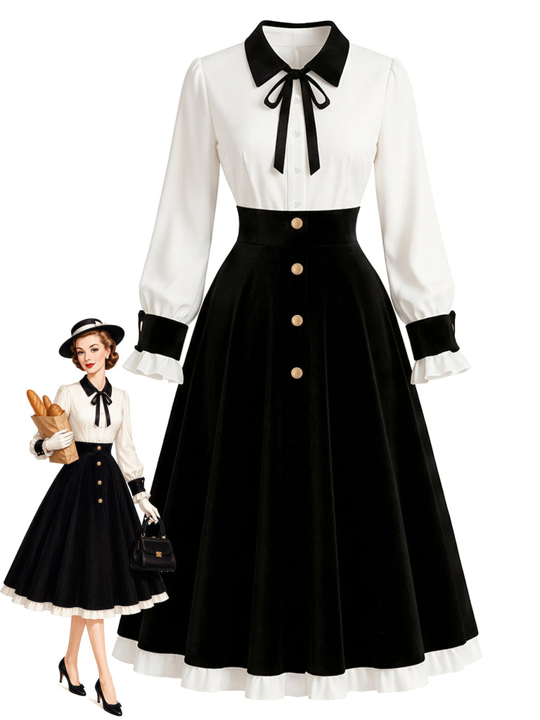 [Prévente] Robe noire et blanche à nœud contrastant, boutons et manches lanternes Années 1950 - 1