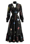 Robe Noire Fleurie à Col V Manches Longues et Foulard Années 1950
