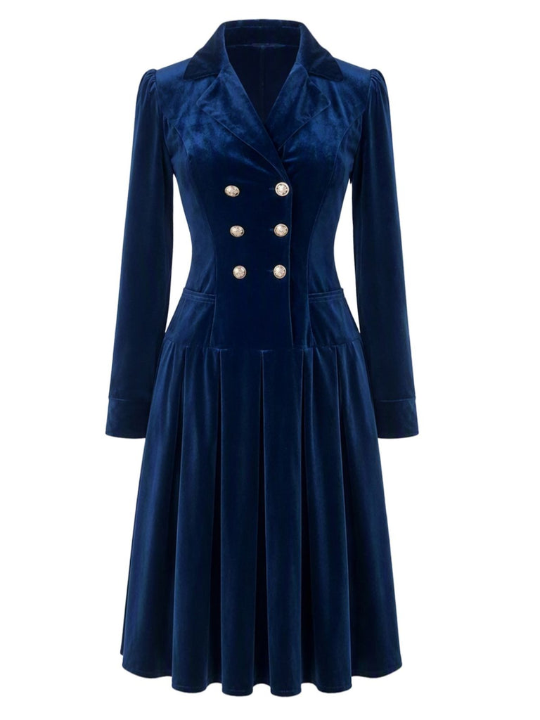 Robe plissée bleu marine en velours à col revers et double boutonnage Années 1950 - 2