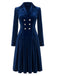 Robe plissée bleu marine en velours à col revers et double boutonnage Années 1950 - 2