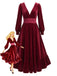 Robe Rouge en Velours à Col V, Taille en Dentelle et Volants Années 1950 - 1