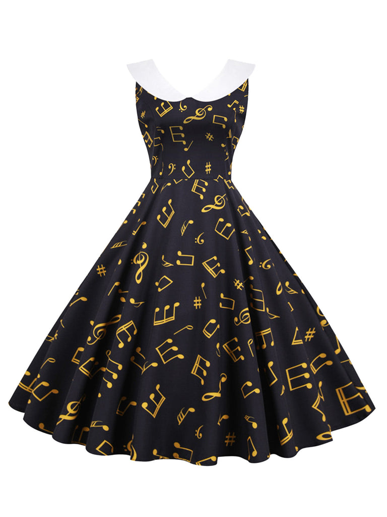 Robe Sans Manches à Col Claudine et Motif Notes de Musique Années 1950 - 2