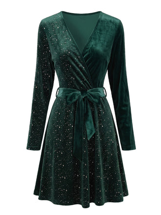 Robe scintillante en velours à col V, manches longues et ceinture Années 1950 - 2