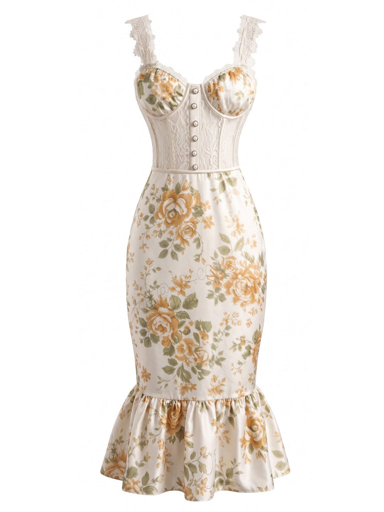 Robe sirène en tulle floral à corset et bretelles en dentelle Années 1930 - 4