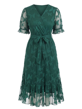 [Grande Taille] Robe vert foncé à dentelle papillons, col V et ceinture Années 1950 - 2