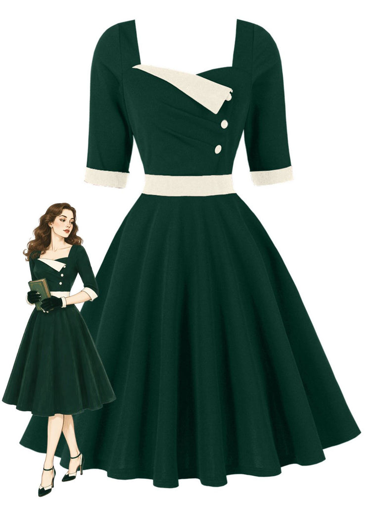 Robe verte à empiècements contrastants, col carré et manches mi-longues Années 1950 - 1