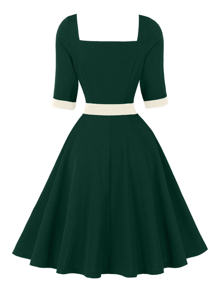 Robe verte à empiècements contrastants, col carré et manches mi-longues Années 1950 - 3
