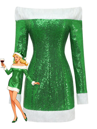 Robe verte de Noël à épaules dénudées, fausse fourrure blanche et sequins Années 1980 - 1