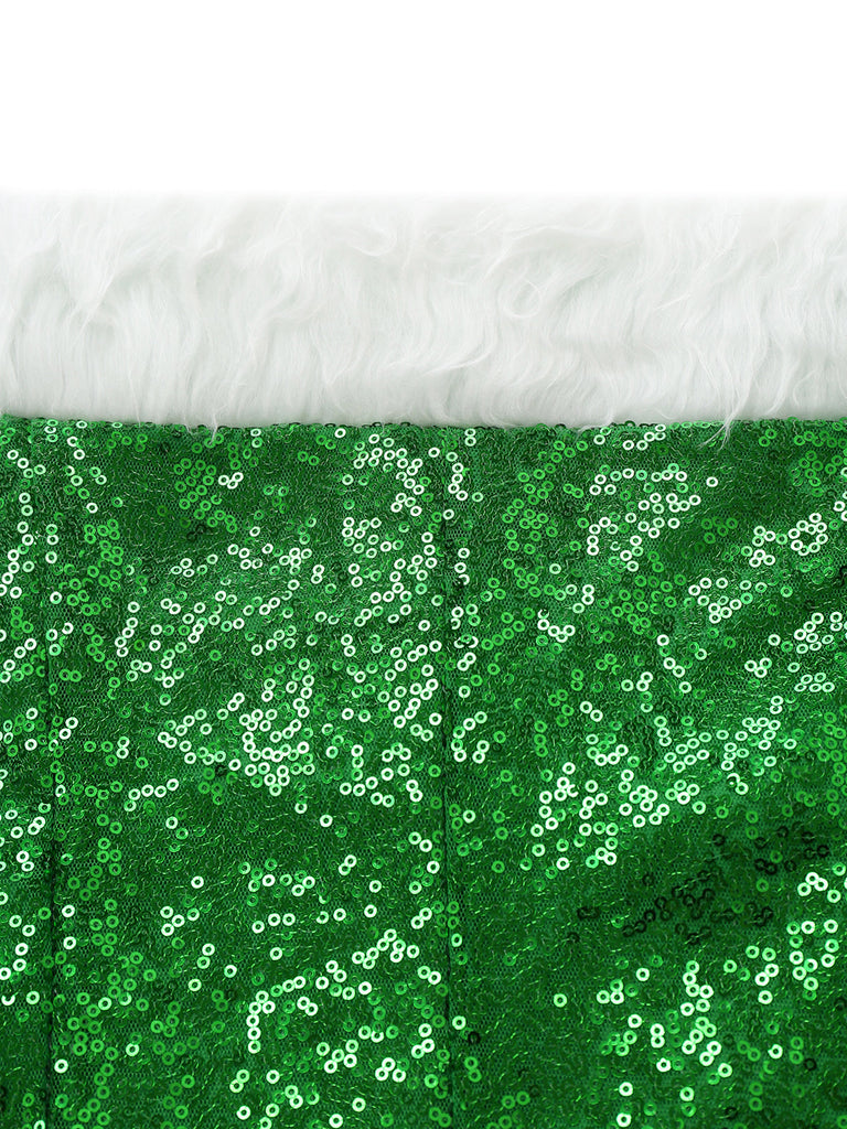 Robe verte de Noël à épaules dénudées, fausse fourrure blanche et sequins Années 1980 - 4