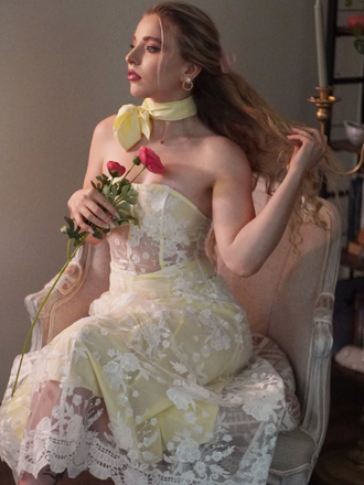 Robe bustier transparente dentelle brodée fleurs jaunes années 1950