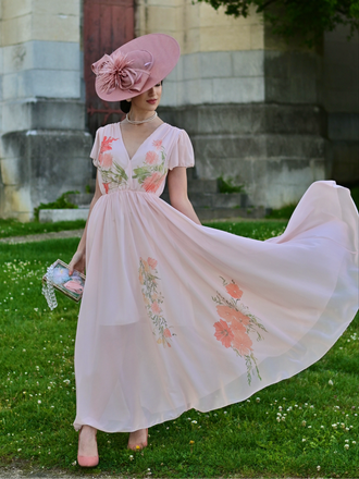 Robe rose col V manches volants imprimé floral années 1940