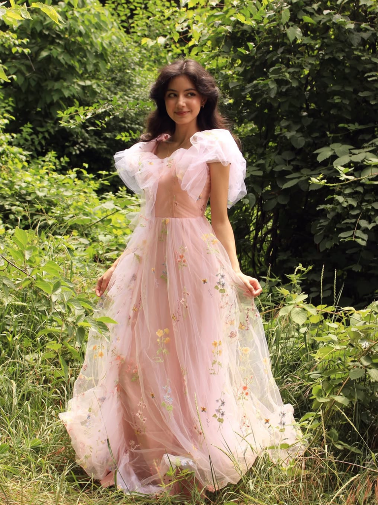 Robe fendue tulle fleurs rose 1970s