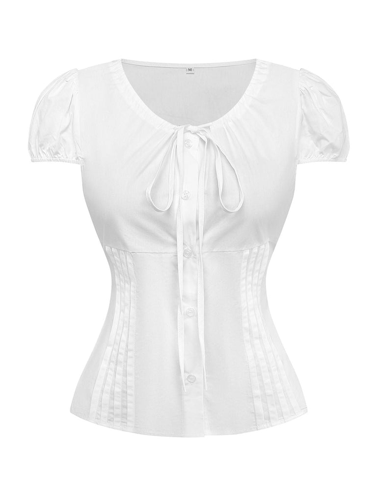 Front view of the short-sleeve white vintage button-up blouse with vertical pleats and a flattering cinched waistline.