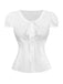 Front view of the short-sleeve white vintage button-up blouse with vertical pleats and a flattering cinched waistline.