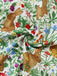 A swirled view of the fabric highlighting the soft texture and the vibrant, intricate bunny and botanical design.