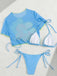 3PCS Ciel Bleu Floral Ensemble Bikini & Haut Court Années 1960 5
