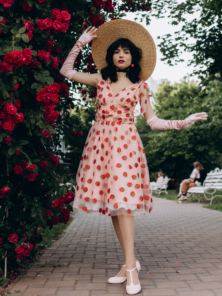 Robe trapèze rose fraise années 1950 en maille Chic