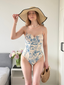 Maillot de bain une pièce à bretelles fines florales bleu 1950s