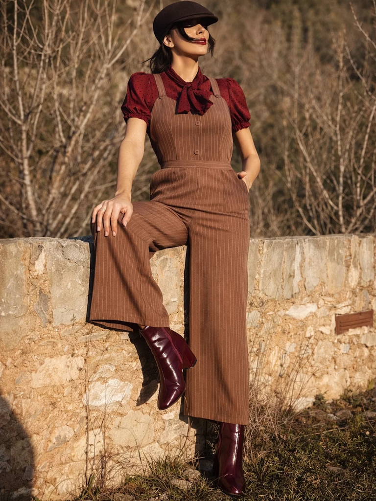 [Prévente] Combinaison rouge à rayures verticales en maille années 1930