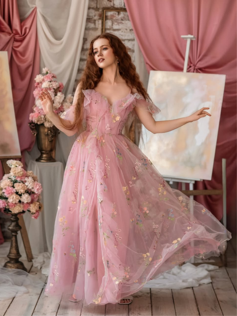 Robe fendue tulle fleurs rose 1970s