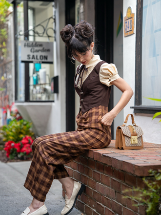[Prévente] Combinaison faux 3 pièces à carreaux marron des années 1930 avec nœud
