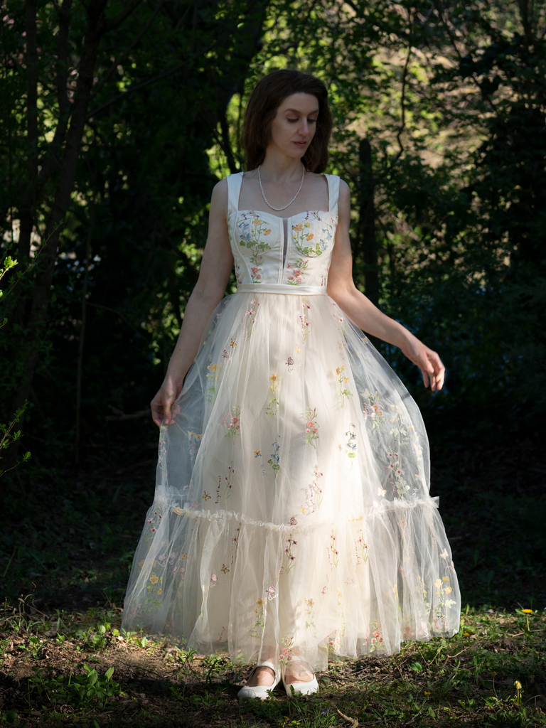 Robe en maille jaune florale à lacets et baleines des années 1930