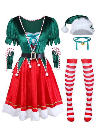 Haut vert col en V et jupe à bordure de fourrure rouge des années 60