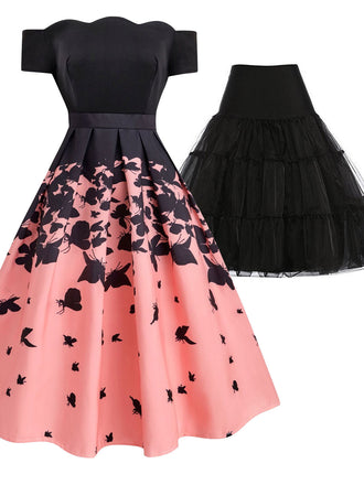 2PCS Robe Swing Années 50 Papillon & Jupon Noir