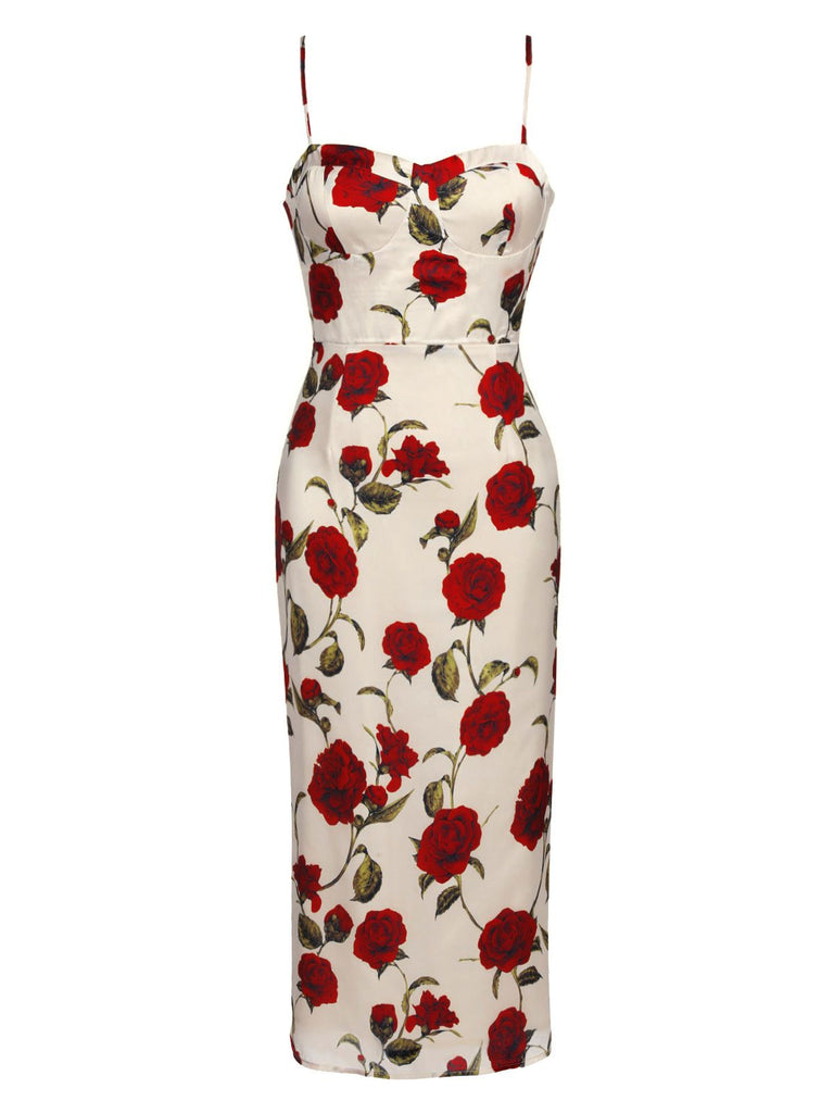Robe Crayon à Bretelles Roses des Années 1960 Élégant Chic