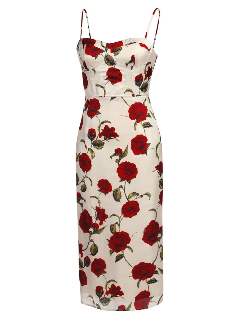 Robe Crayon à Bretelles Roses des Années 1960 Élégant Chic